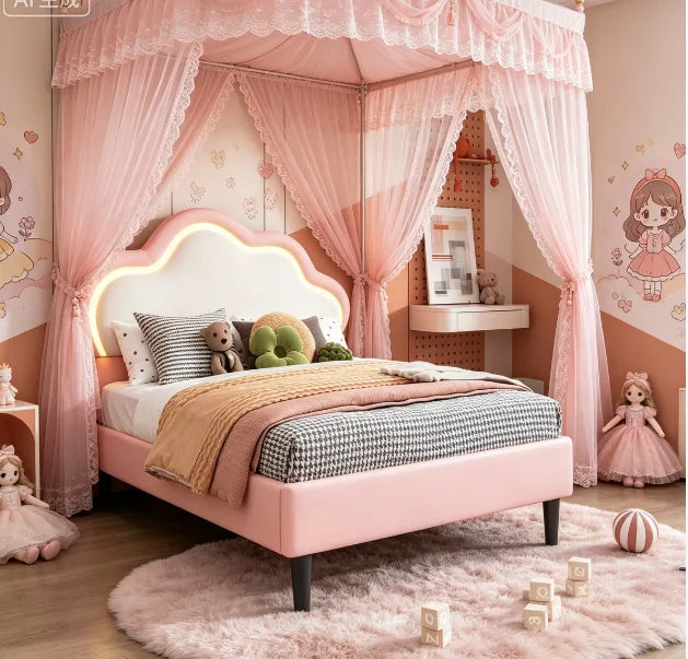 Children's Single Bed 90x200cm Upholstered bed for girls with LED,height-adjustable headboard in clouds shape,slatted Frame,PU