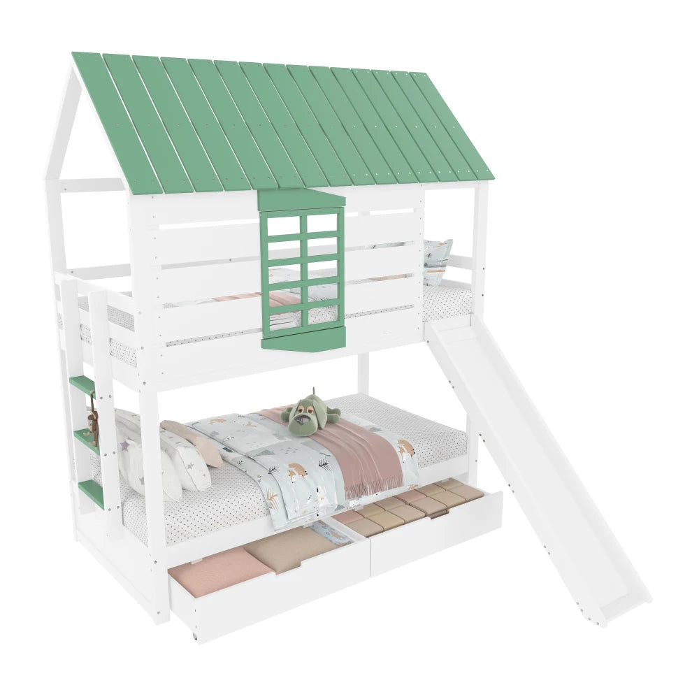 90X200 White and Green Bedroom Bunk Bed with Slide and Pull-Out Bed,without A Mattress