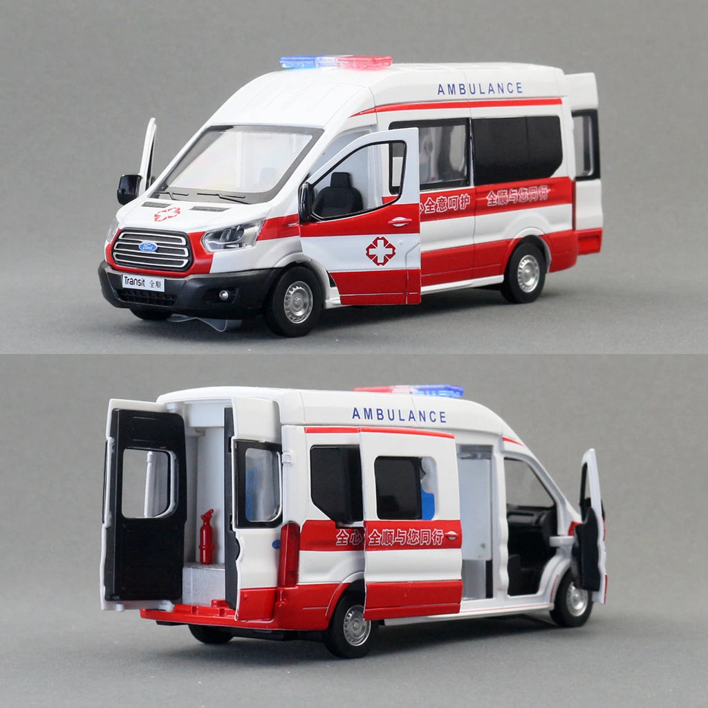 1/35 Ford Transit Ambulance Toy Car For Children Diecast Model Vehicle Miniature Pull Back Sound & Light Collection Gift Boy Kid