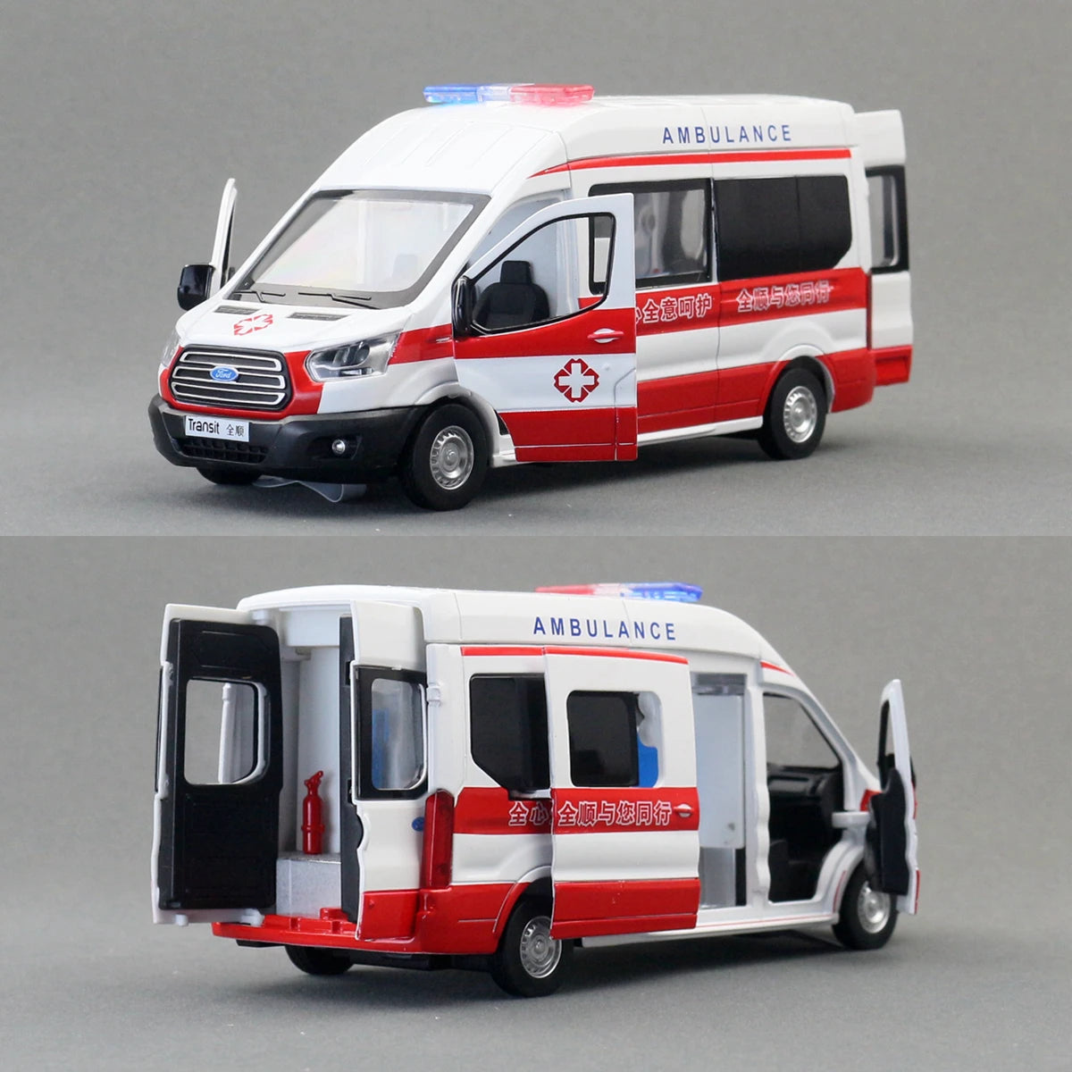 1/35 Ford Transit Ambulance Toy Car For Children Diecast Model Vehicle Miniature Pull Back Sound & Light Collection Gift Boy Kid