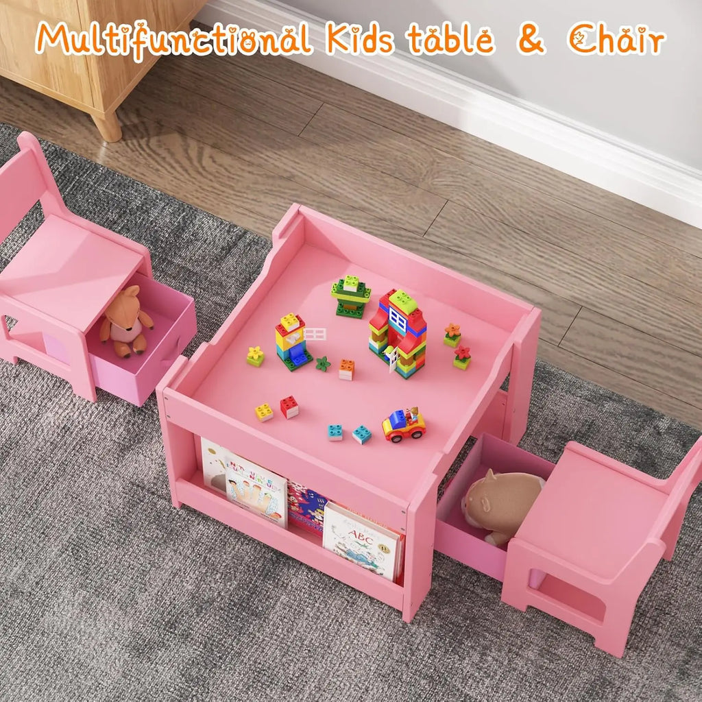 Multifunctional 4-in-1 Kids Table and Chair Set: Activity Desk with 2 Chairs, Removable Tabletop, Storage Drawers & Bookshelf, Ideal for Painting, Crafting, Reading & Playing, Toddler Playroom Furniture, Sturdy Design, 3PCS
