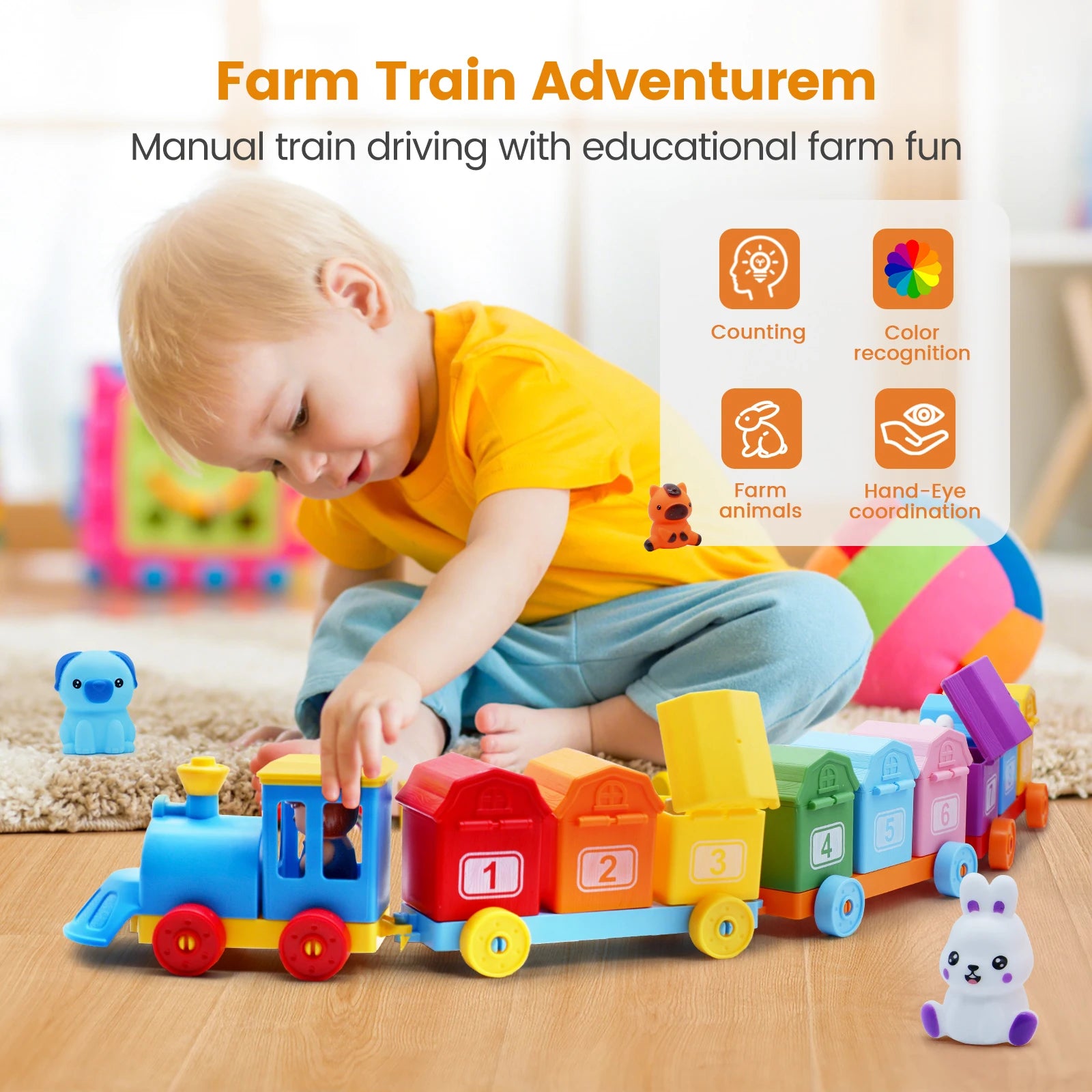 Montessori Farm Animal Train Set - Counting & Sorting Toy