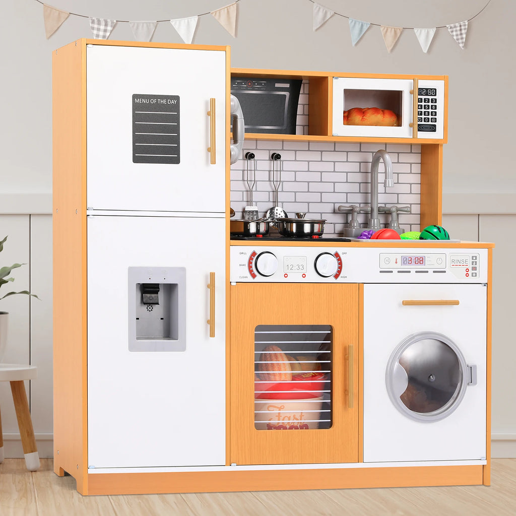 Wooden Kitchen Kids Pretend Play Kitchen Set Cooking Toys with Simulated Light and Sound Effects, Food,Cookware for Children