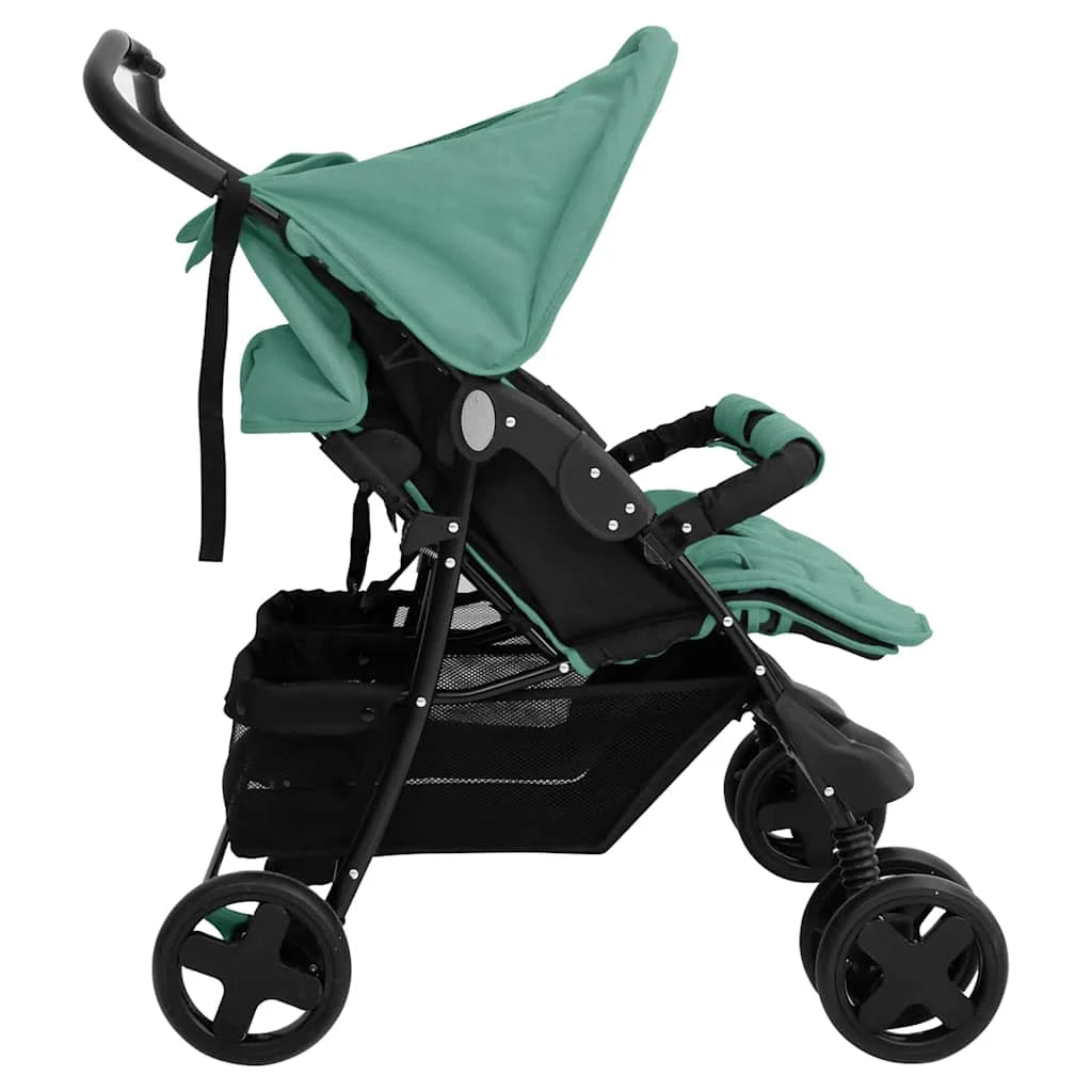 Steel Green Double Stroller 80 x 96 x 104 cm Lightweight Foldable Safe Design Pushchair Compact Travel
