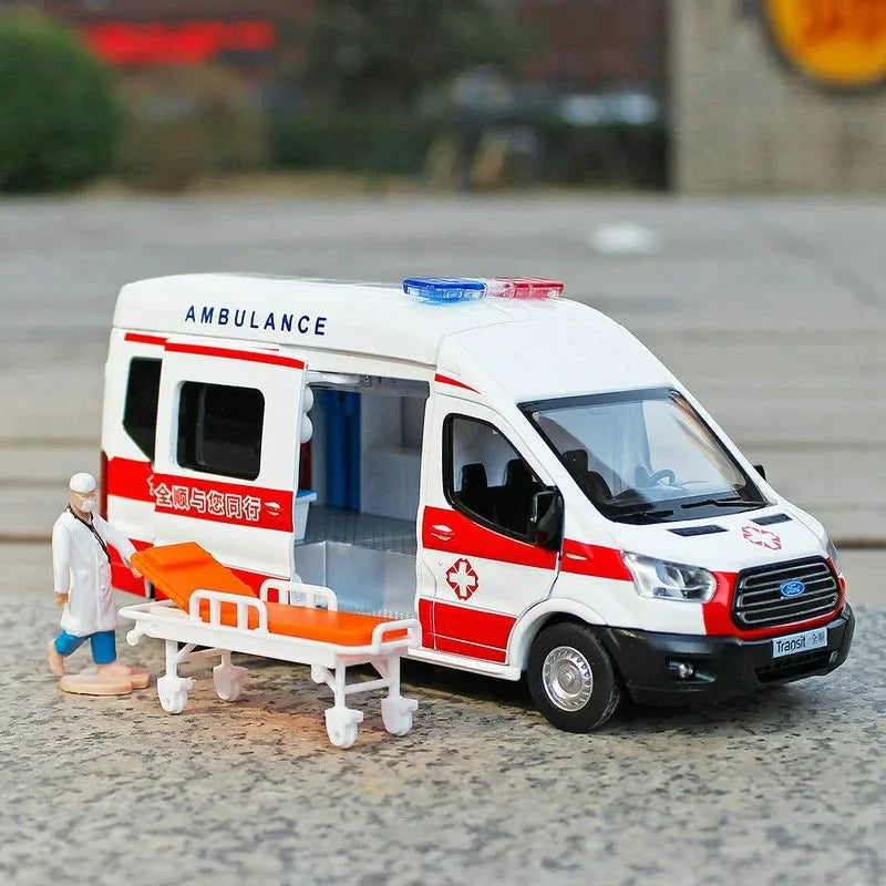 1/35 Ford Transit Ambulance Toy Car For Children Diecast Model Vehicle Miniature Pull Back Sound & Light Collection Gift Boy Kid