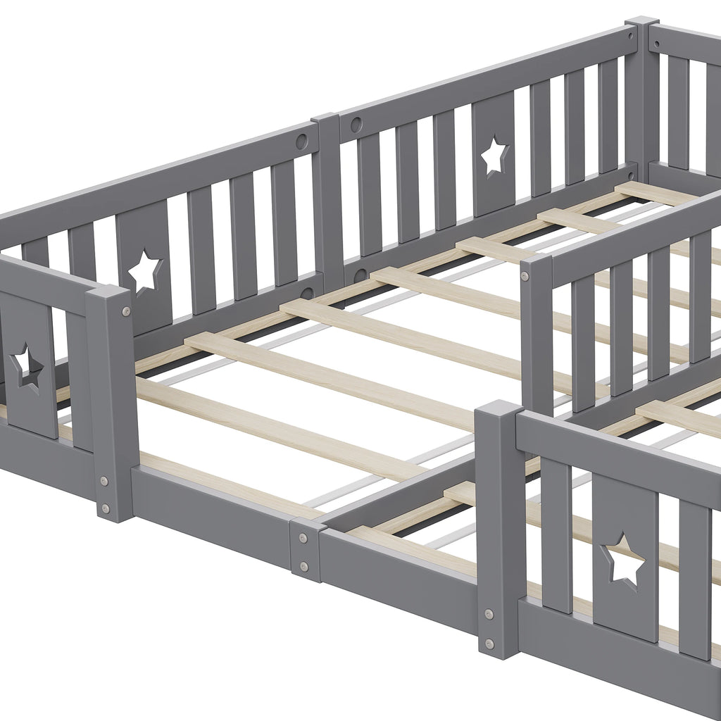 Rosahqnda Solid Floor Bed 180x200cm,Children's Bed with Slats & Star Pattern,Modern Kids Room Furniture,White/Gray