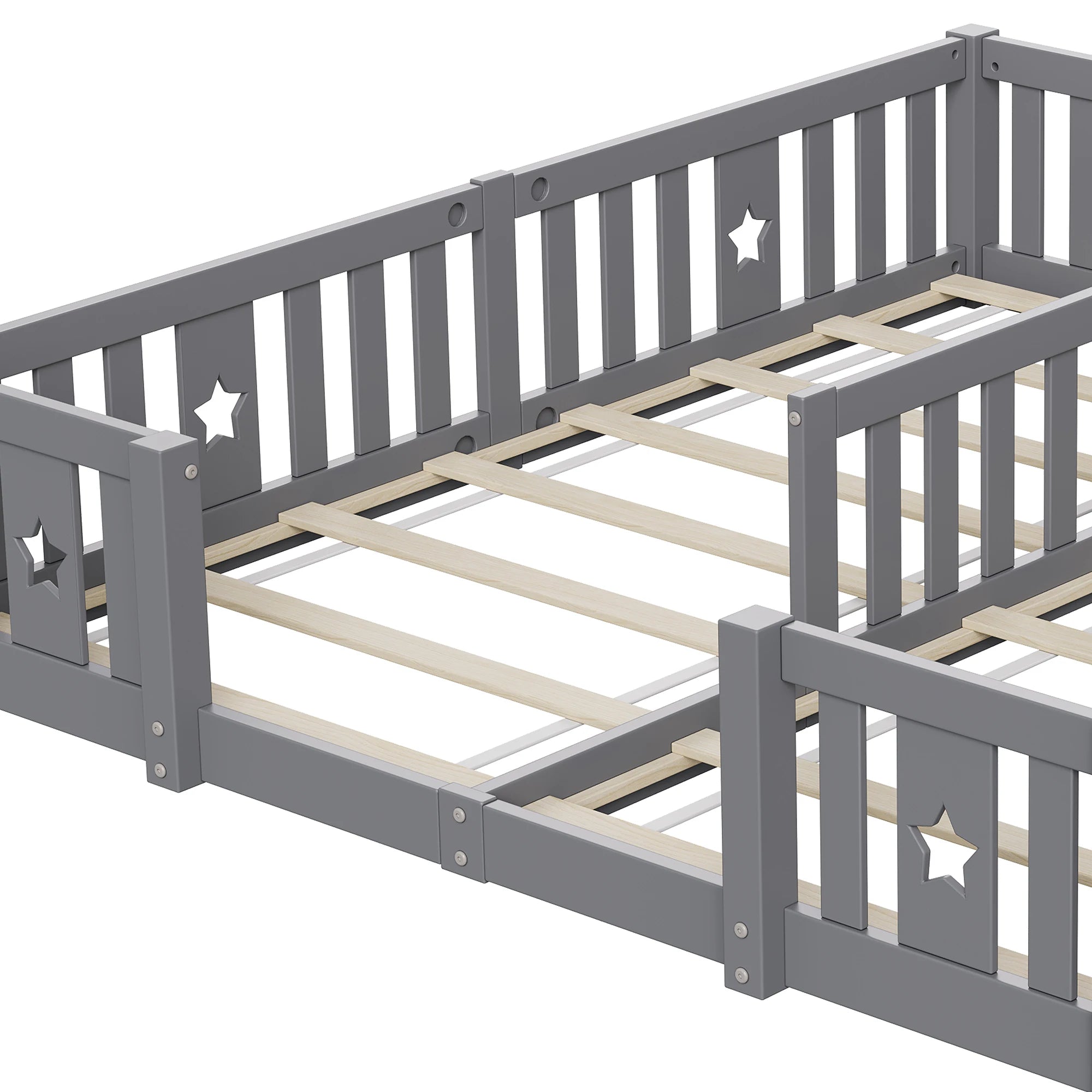 Rosahqnda Solid Floor Bed 180x200cm,Children's Bed with Slats & Star Pattern,Modern Kids Room Furniture,White/Gray