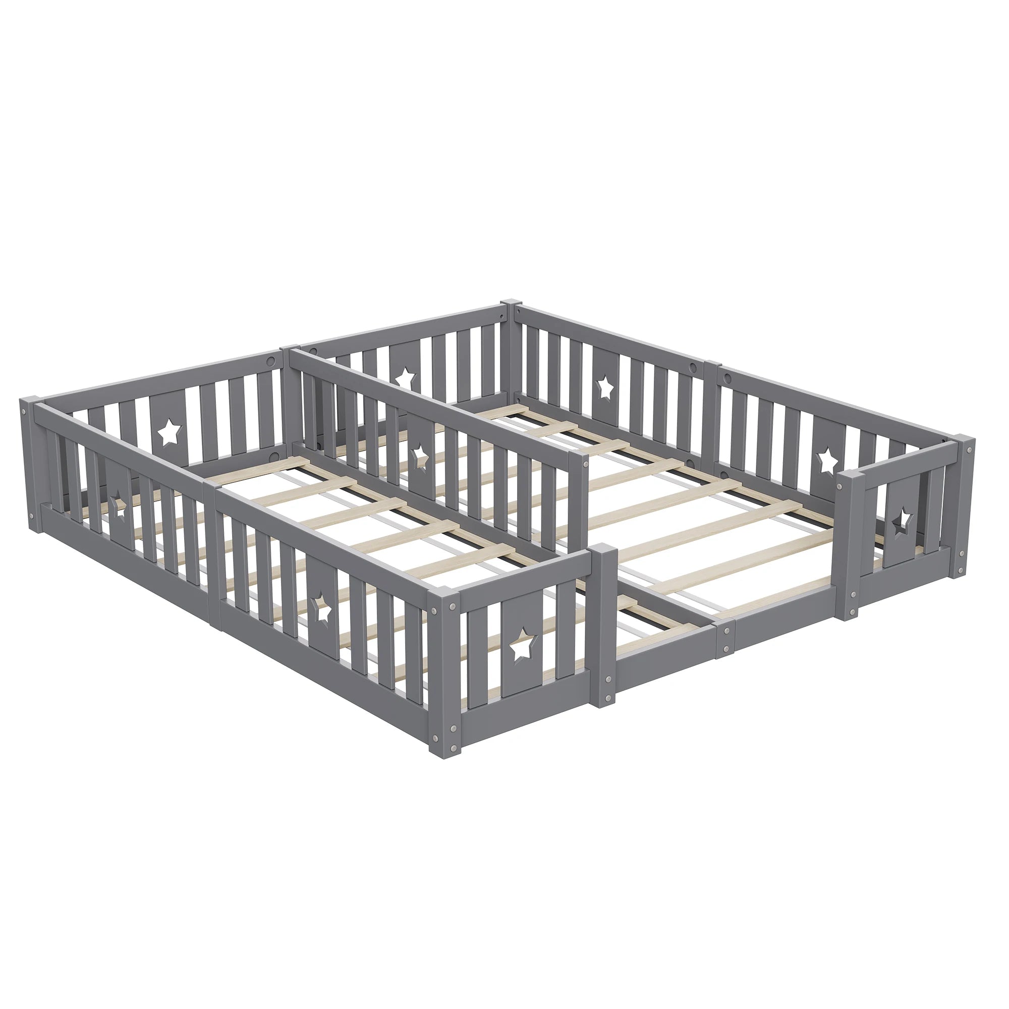 Rosahqnda Solid Floor Bed 180x200cm,Children's Bed with Slats & Star Pattern,Modern Kids Room Furniture,White/Gray