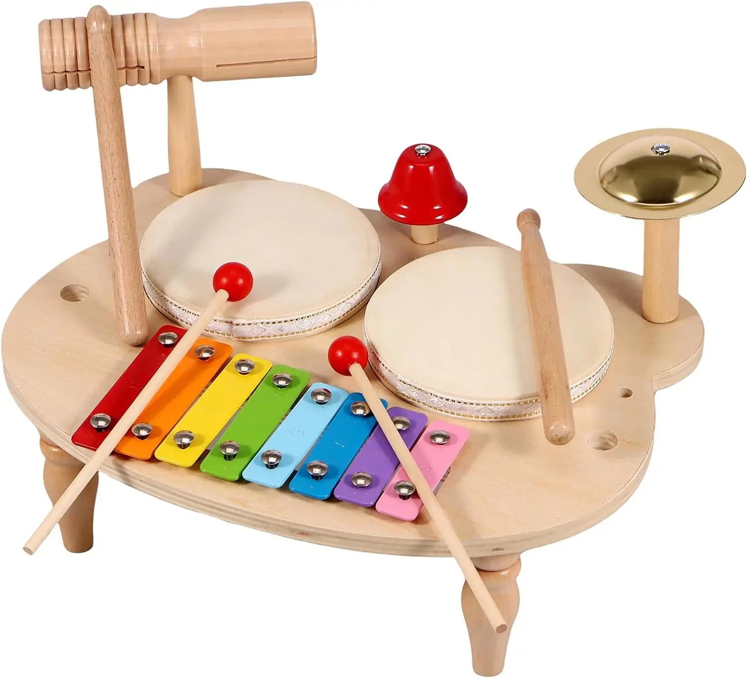 10-in-1 Wooden Musical Toy Drum Set and Xylophone