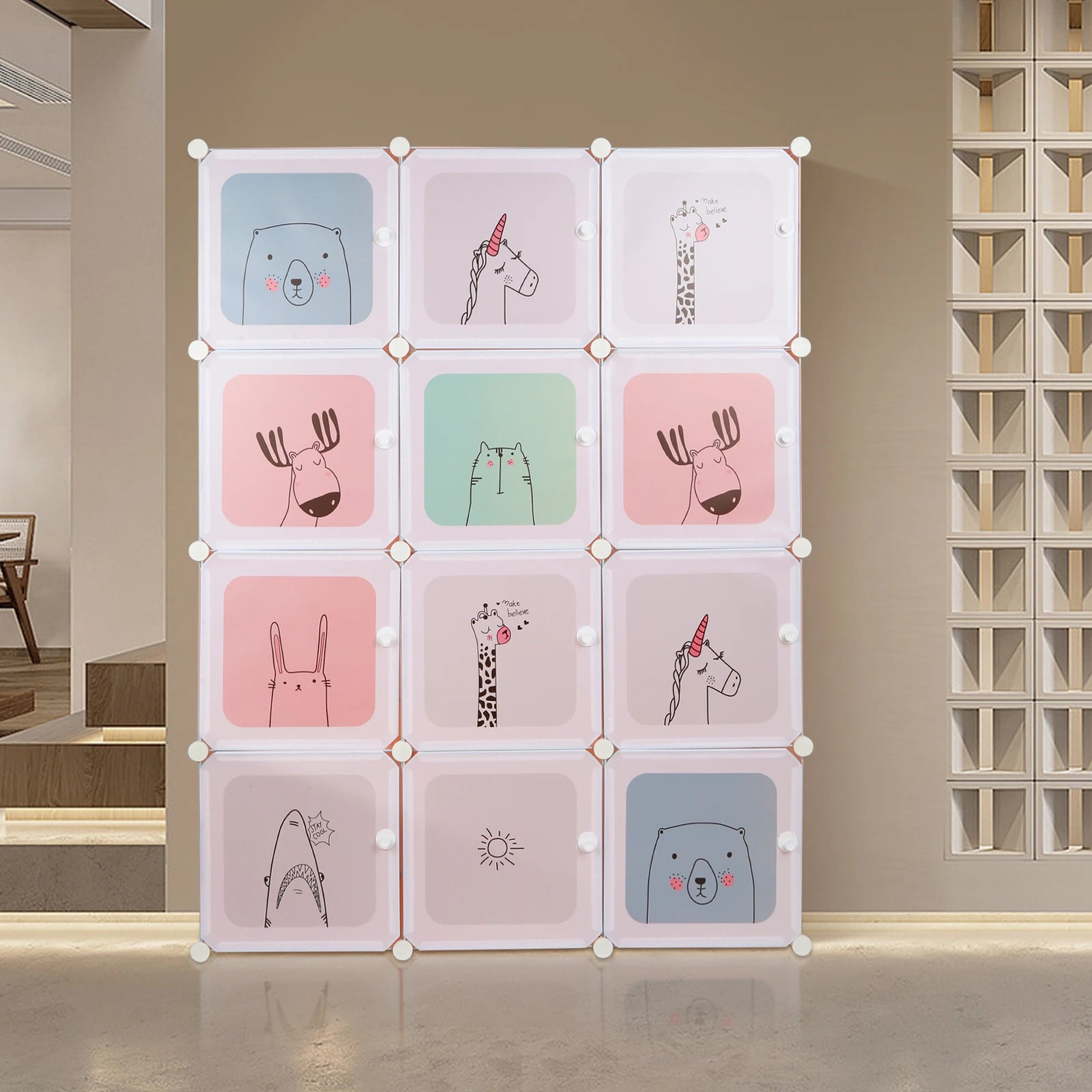 Modular child cabinet with 12 pink/blue polypropylene cubes