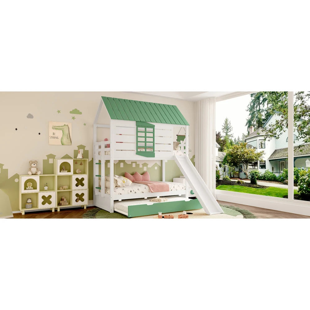 90X200 White and Green Bedroom Bunk Bed with Slide and Pull-Out Bed,without A Mattress