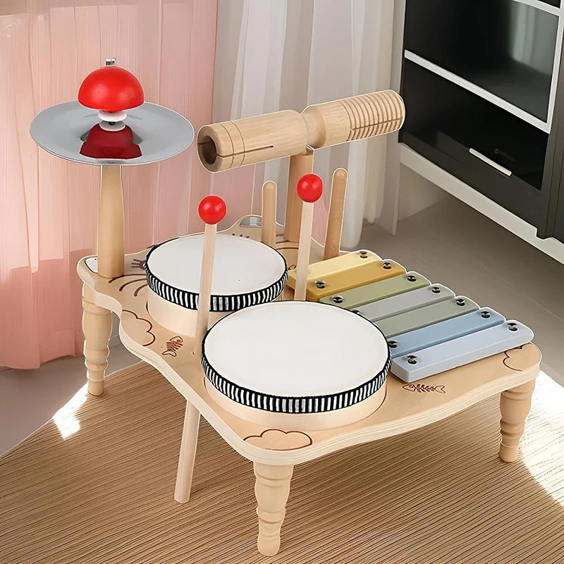 10-in-1 Wooden Musical Toy Drum Set and Xylophone
