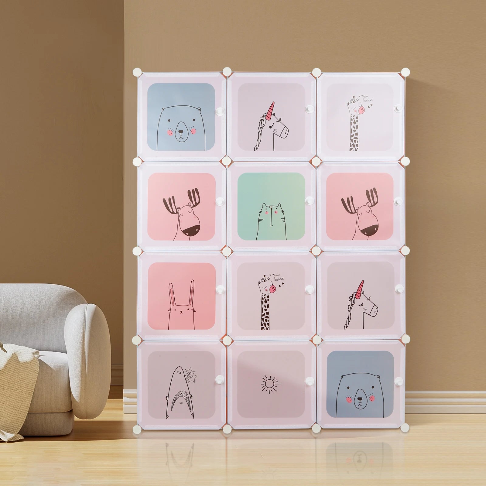 Modular child cabinet with 12 pink/blue polypropylene cubes