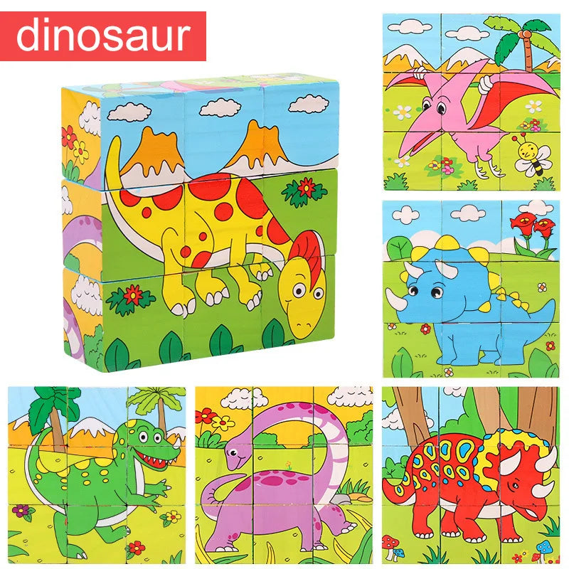 Wooden Puzzle Six Sides Painted Three-Dimensional Traffic Animal Puzzle Building Blocks Montessori Early Education Toys TMZ