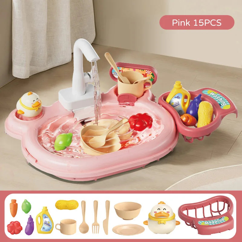 Children Electric Toy Sink Disheswash Water Simulation Food Fruit Kitchen Pretend Play Magnet Fishing Kids Education Toy Girl