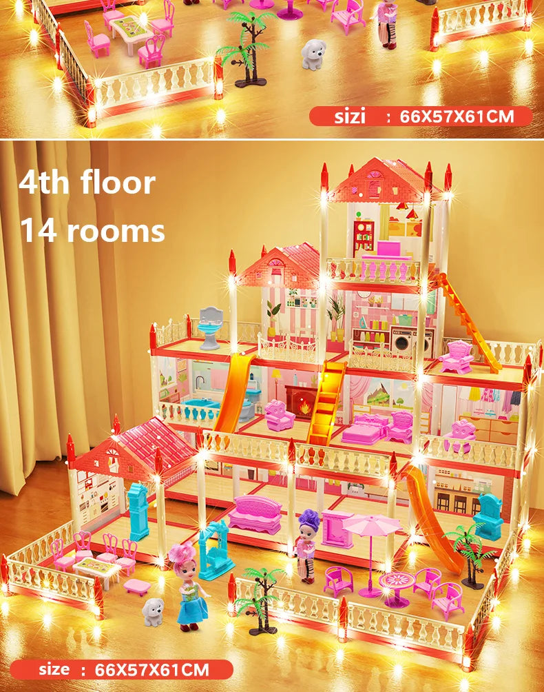 DIY Popular Toy 3d Assembly Mini Toy House Accessories Villa Princess Castle Led Lights Girl Birthday Gift Assembly Toy House