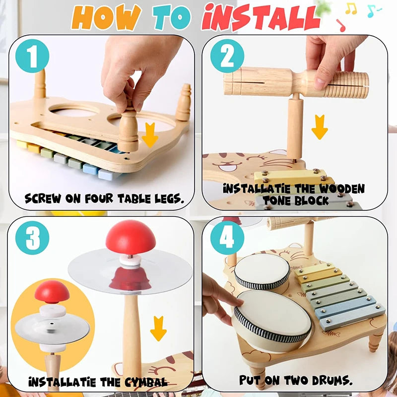 10-in-1 Wooden Musical Toy Drum Set and Xylophone