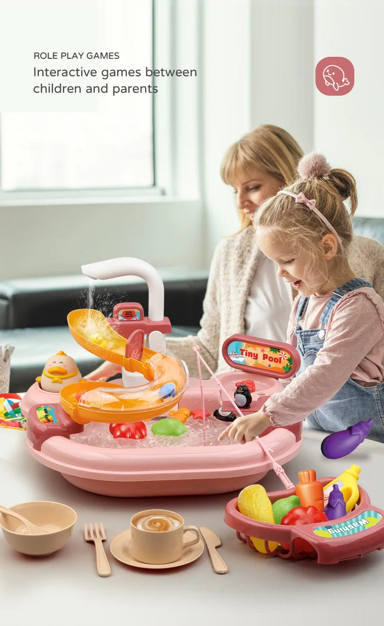 Children Electric Toy Sink Disheswash Water Simulation Food Fruit Kitchen Pretend Play Magnet Fishing Kids Education Toy Girl