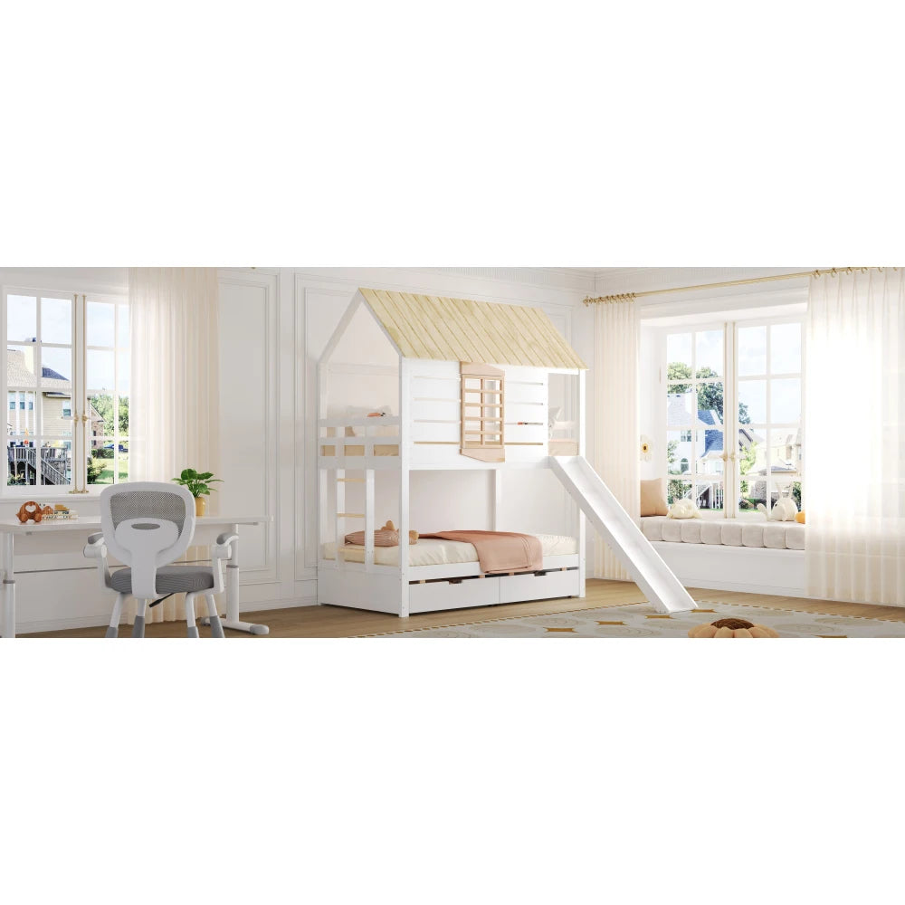 90X200 White and Green Bedroom Bunk Bed with Slide and Pull-Out Bed,without A Mattress
