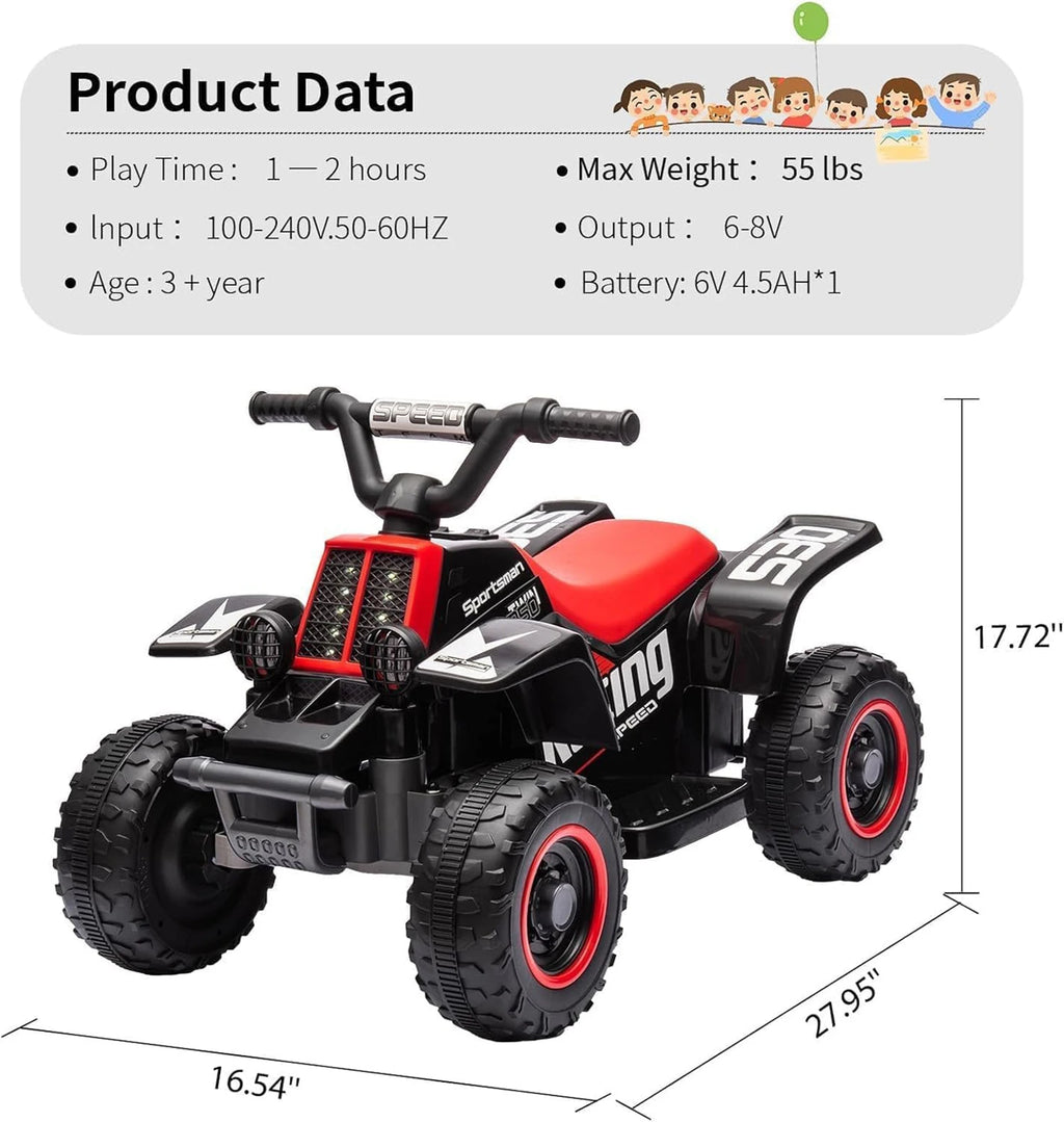 Electric Quad For Children 6V Ride-On Seat Car With LED Lights & Music, Horn, One-Button Start, 1.8 Km/h,  Mini ATV From 3 years