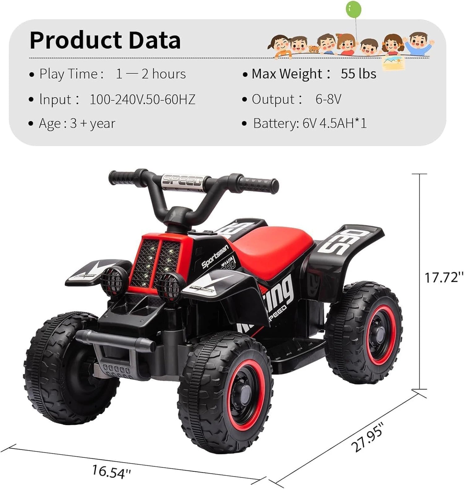 Electric Quad For Children 6V Ride-On Seat Car With LED Lights & Music, Horn, One-Button Start, 1.8 Km/h,  Mini ATV From 3 years