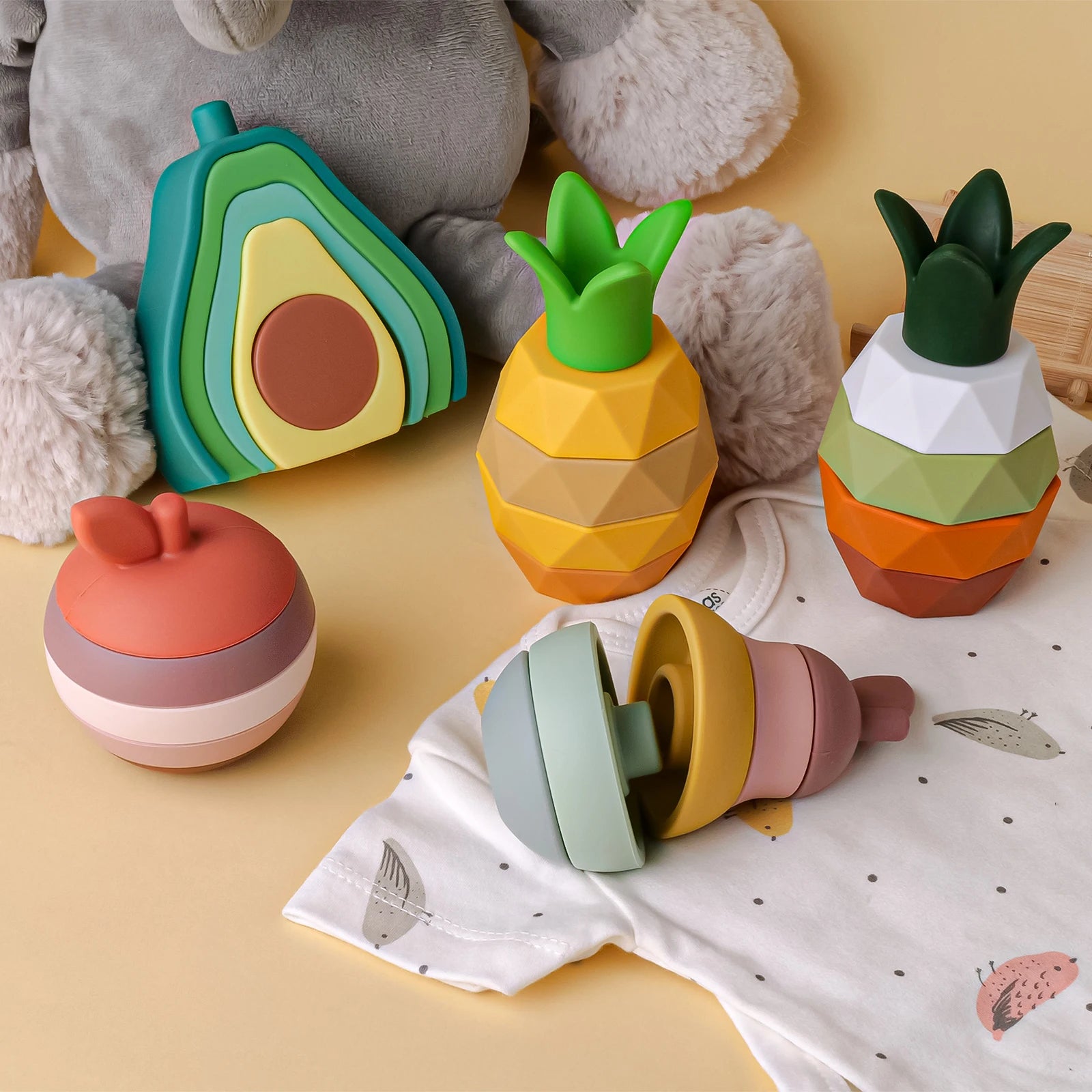 Soft Silicone Fruit Stacking Blocks - Montessori Baby Teether Toy