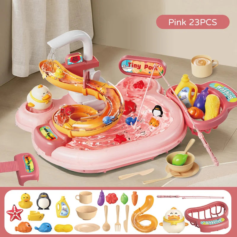 Children Electric Toy Sink Disheswash Water Simulation Food Fruit Kitchen Pretend Play Magnet Fishing Kids Education Toy Girl