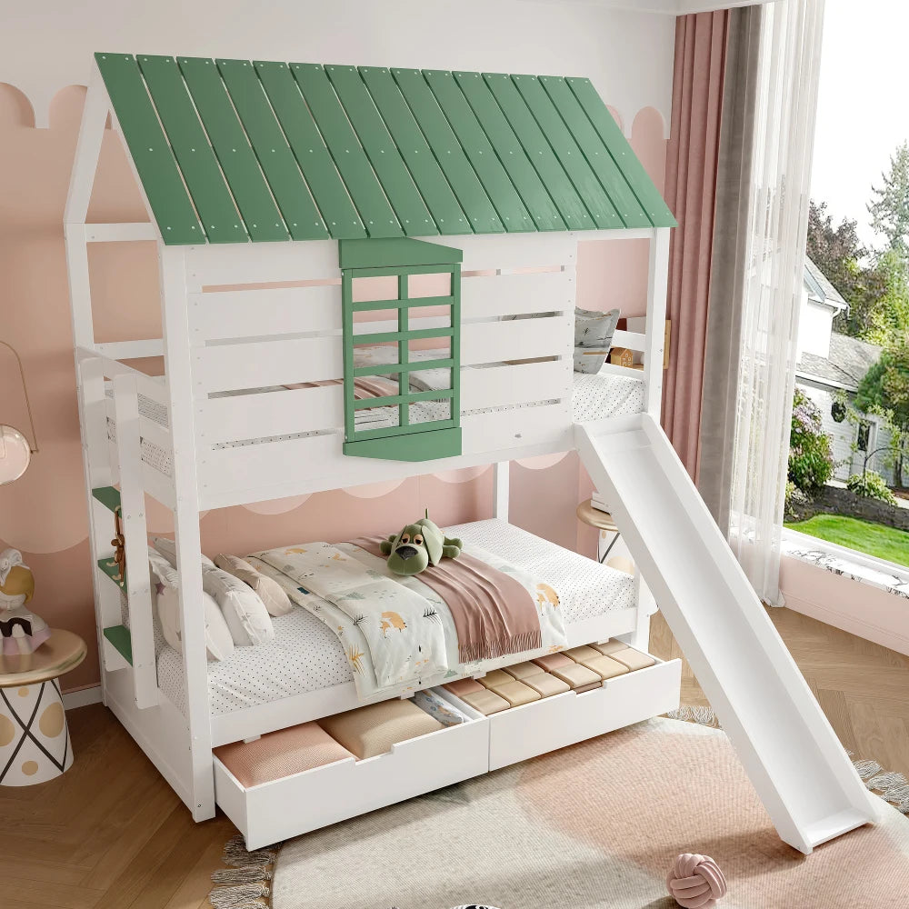 90X200 White and Green Bedroom Bunk Bed with Slide and Pull-Out Bed,without A Mattress