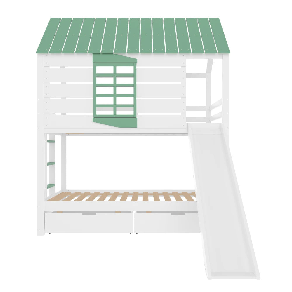 90X200 White and Green Bedroom Bunk Bed with Slide and Pull-Out Bed,without A Mattress