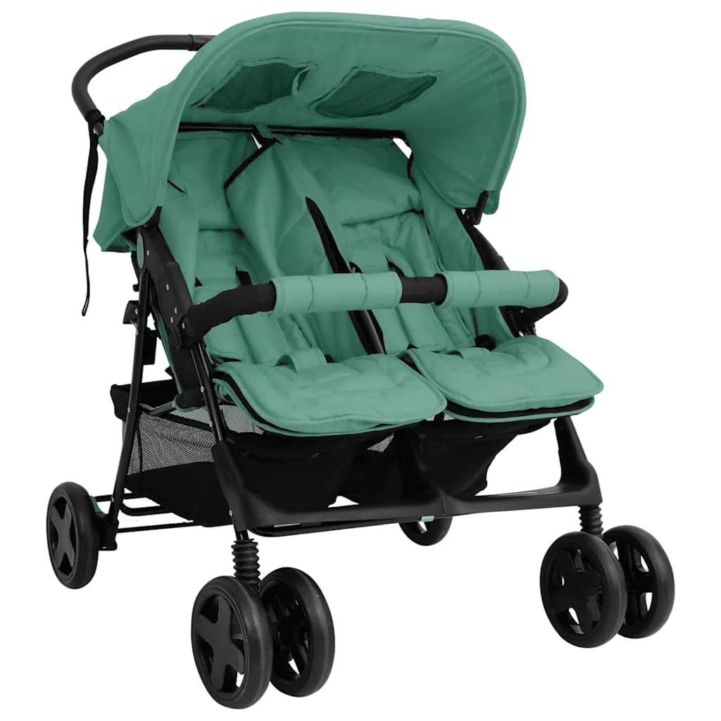 Steel Green Double Stroller 80 x 96 x 104 cm Lightweight Foldable Safe Design Pushchair Compact Travel