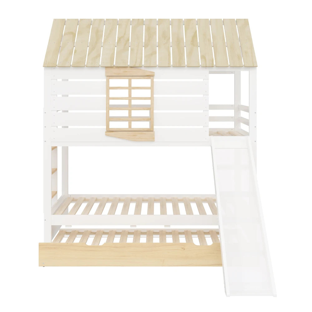 90X200 White and Green Bedroom Bunk Bed with Slide and Pull-Out Bed,without A Mattress