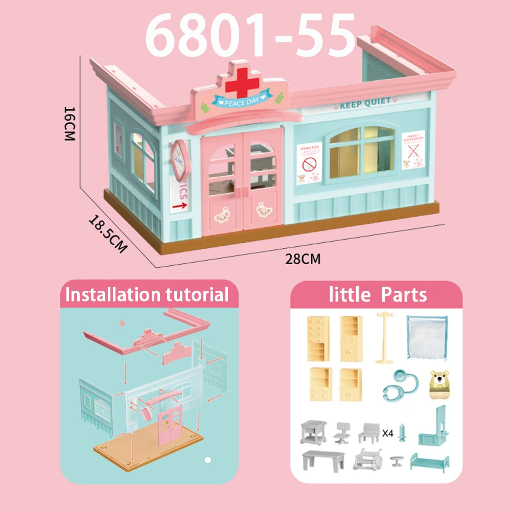 Dollhouse 1:12 Scale Mini Villa Ice Cream Shop Supermarket School Hospital Scene Cottage Model Miniature Furniture Girl Toy Gift
