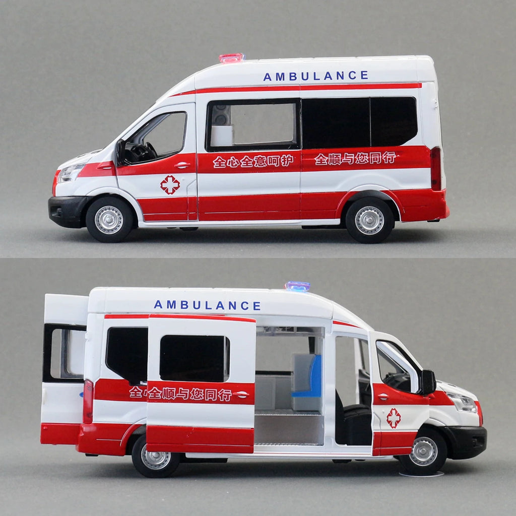 1/35 Ford Transit Ambulance Toy Car For Children Diecast Model Vehicle Miniature Pull Back Sound & Light Collection Gift Boy Kid