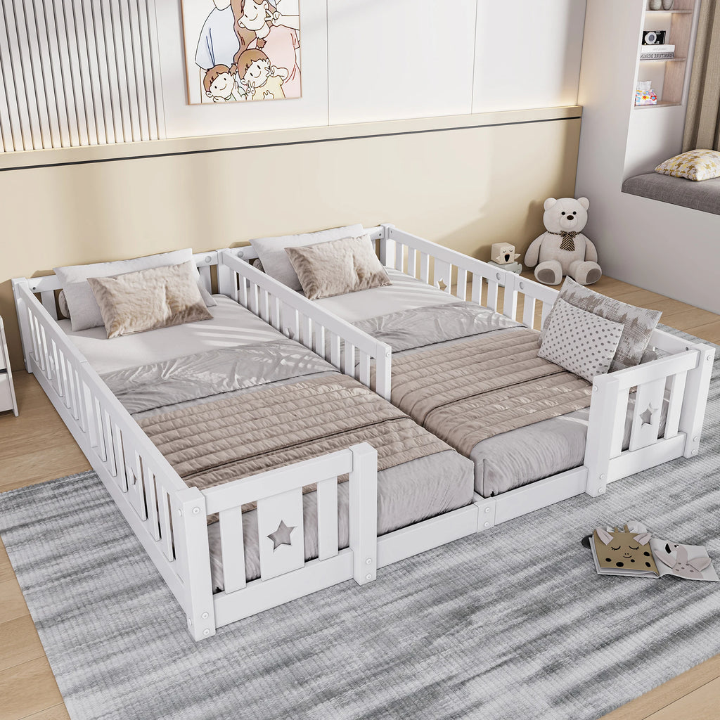 Rosahqnda Solid Floor Bed 180x200cm,Children's Bed with Slats & Star Pattern,Modern Kids Room Furniture,White/Gray