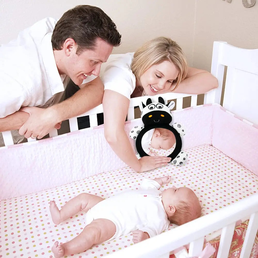 Baby Tummy Time Mirror Toy - High Contrast Black & White Cow