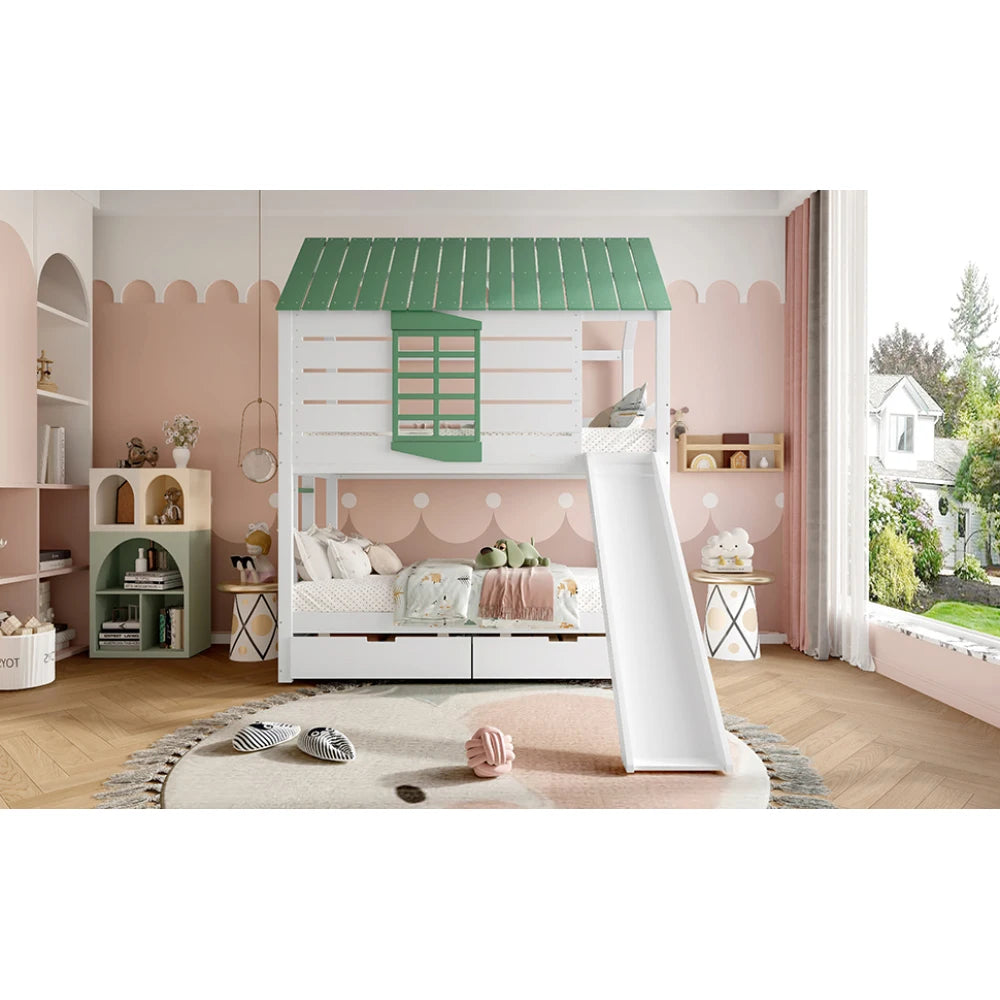 90X200 White and Green Bedroom Bunk Bed with Slide and Pull-Out Bed,without A Mattress
