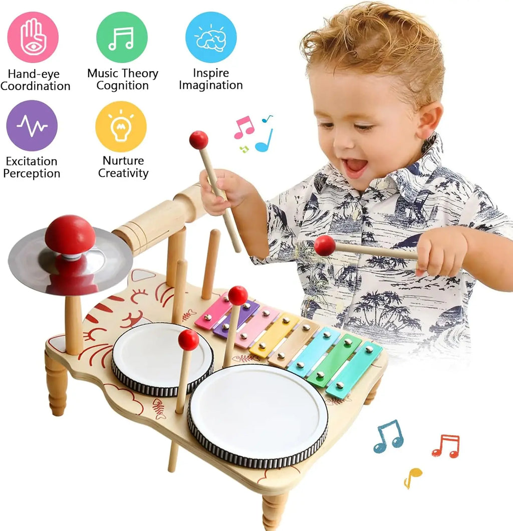10-in-1 Wooden Musical Toy Drum Set and Xylophone