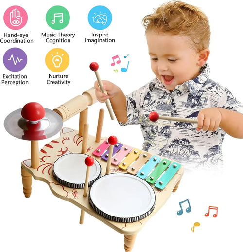 10-in-1 Wooden Musical Toy Drum Set and Xylophone