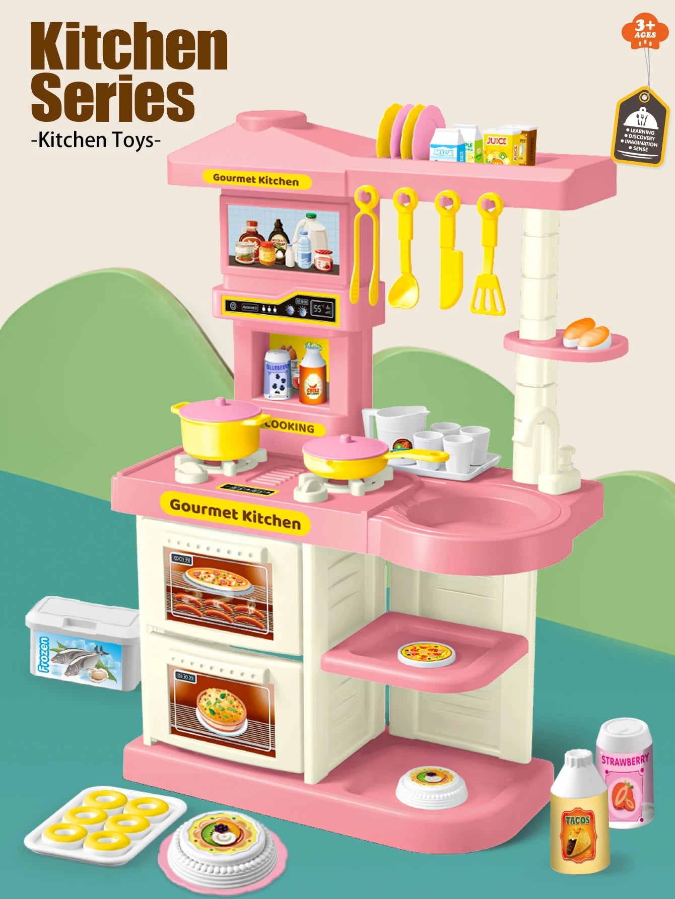 Play Kitchen Accessories, Kitchen Playset Toys for Kids Foods Pots Pans Milk Bread Fork for 3+ Boys and Girls