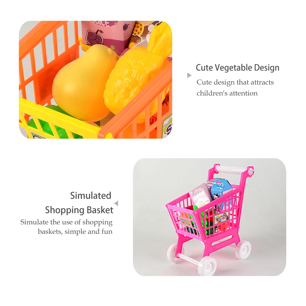 Shopping Cart Toys, Trolley for Groceries Supermarket Playset Fruit Vegetables Play Food Role Kitchen Store Toys for 3+ Kids