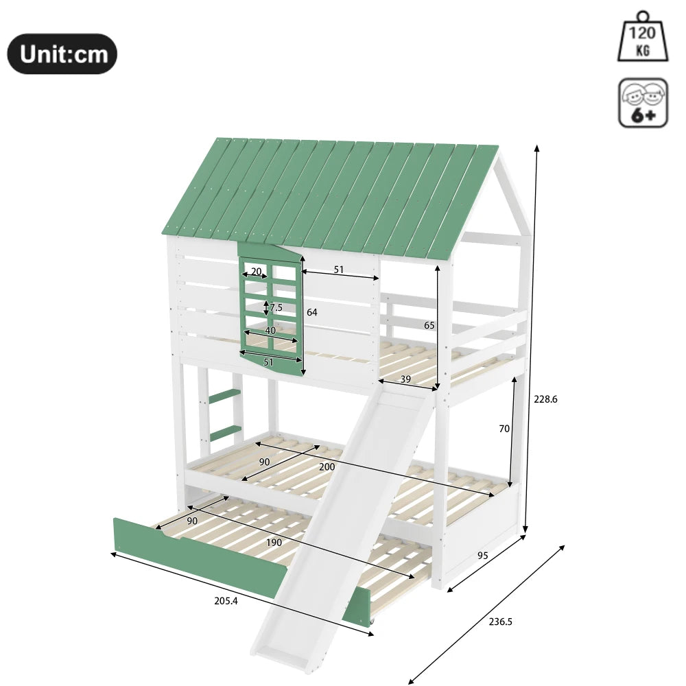 90X200 White and Green Bedroom Bunk Bed with Slide and Pull-Out Bed,without A Mattress