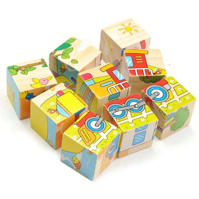 Wooden Puzzle Six Sides Painted Three-Dimensional Traffic Animal Puzzle Building Blocks Montessori Early Education Toys TMZ