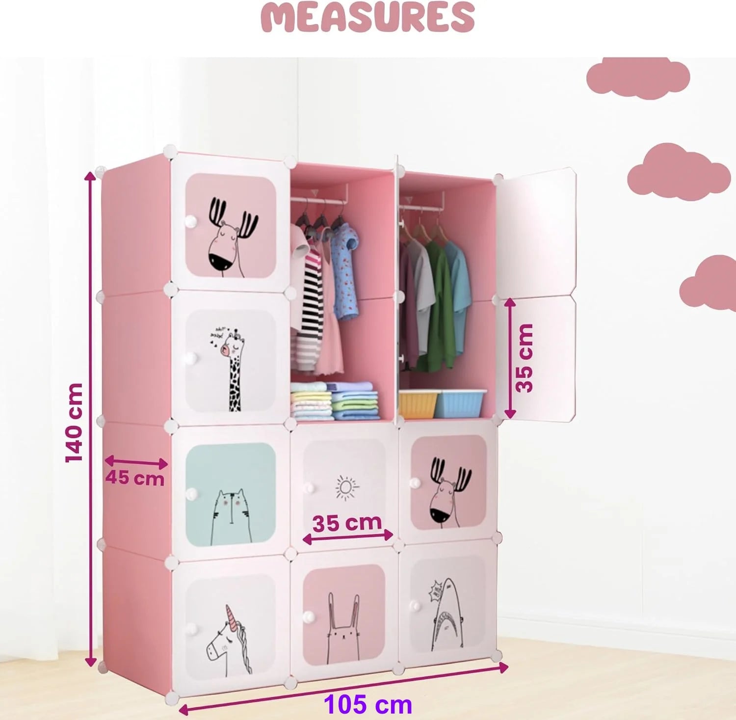 Modular child cabinet with 12 pink/blue polypropylene cubes
