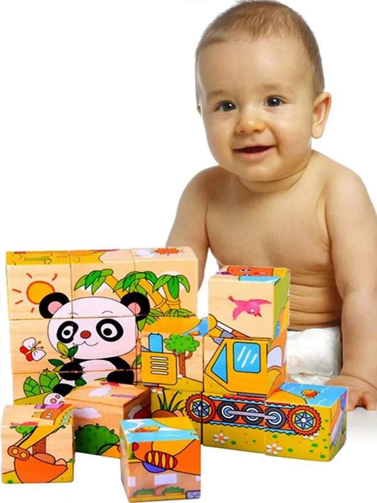 Wooden Puzzle Six Sides Painted Three-Dimensional Traffic Animal Puzzle Building Blocks Montessori Early Education Toys TMZ
