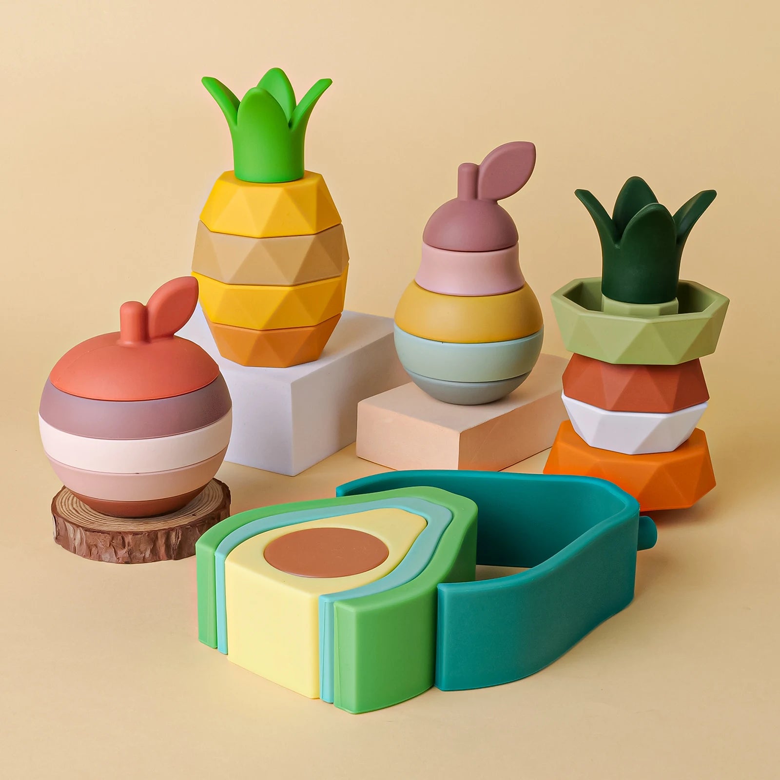 Soft Silicone Fruit Stacking Blocks - Montessori Baby Teether Toy