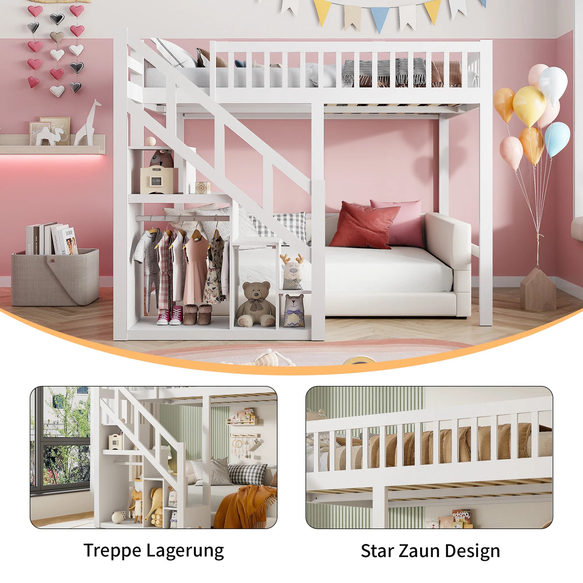 Comanlai Bunk Bed 140 x 200 cm/90 x 200 cm,Children's Bed with Slatted Frame,Storage Shelf Stairs,Fall Protection,Youth Bunk Bed