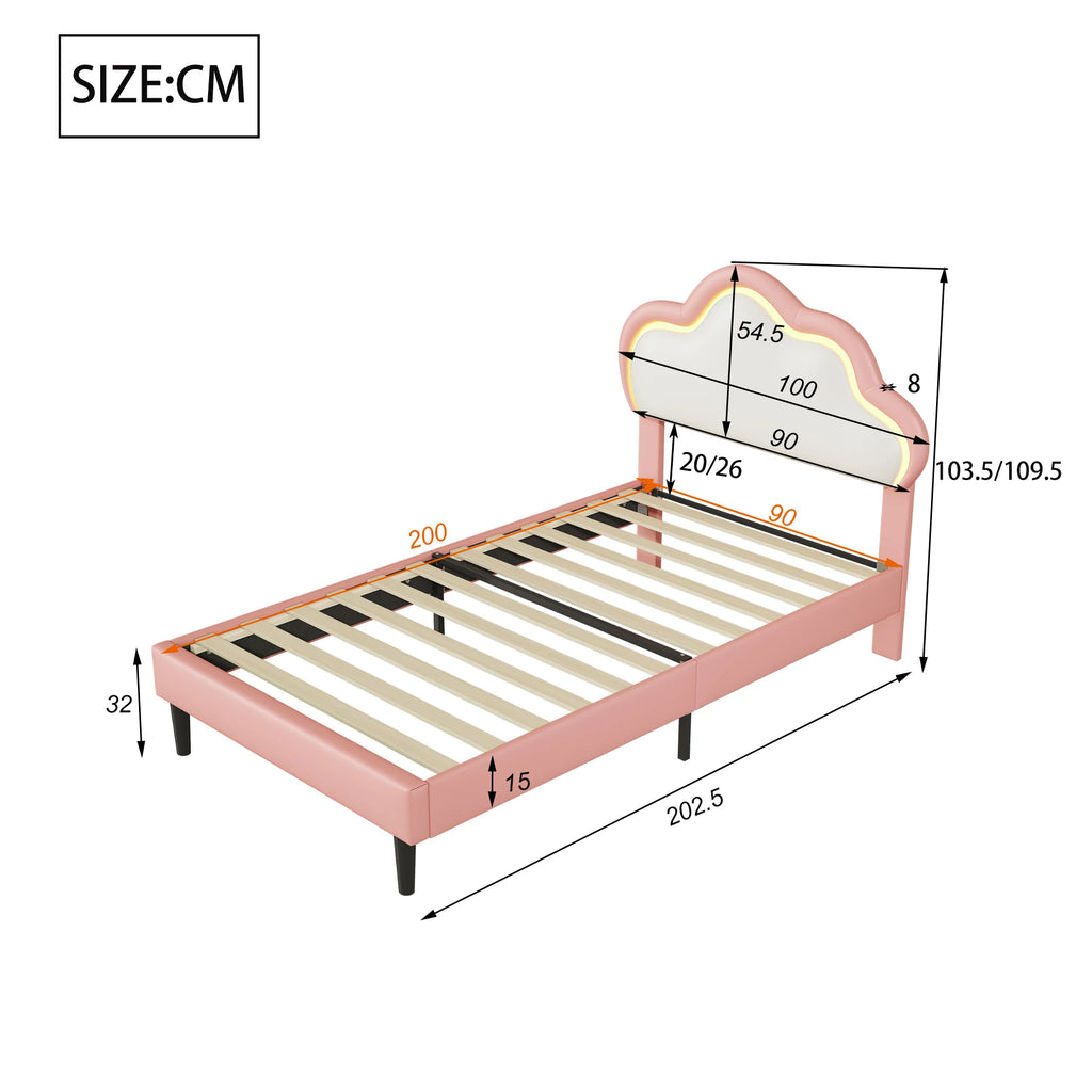 Children's Single Bed 90x200cm Upholstered bed for girls with LED,height-adjustable headboard in clouds shape,slatted Frame,PU