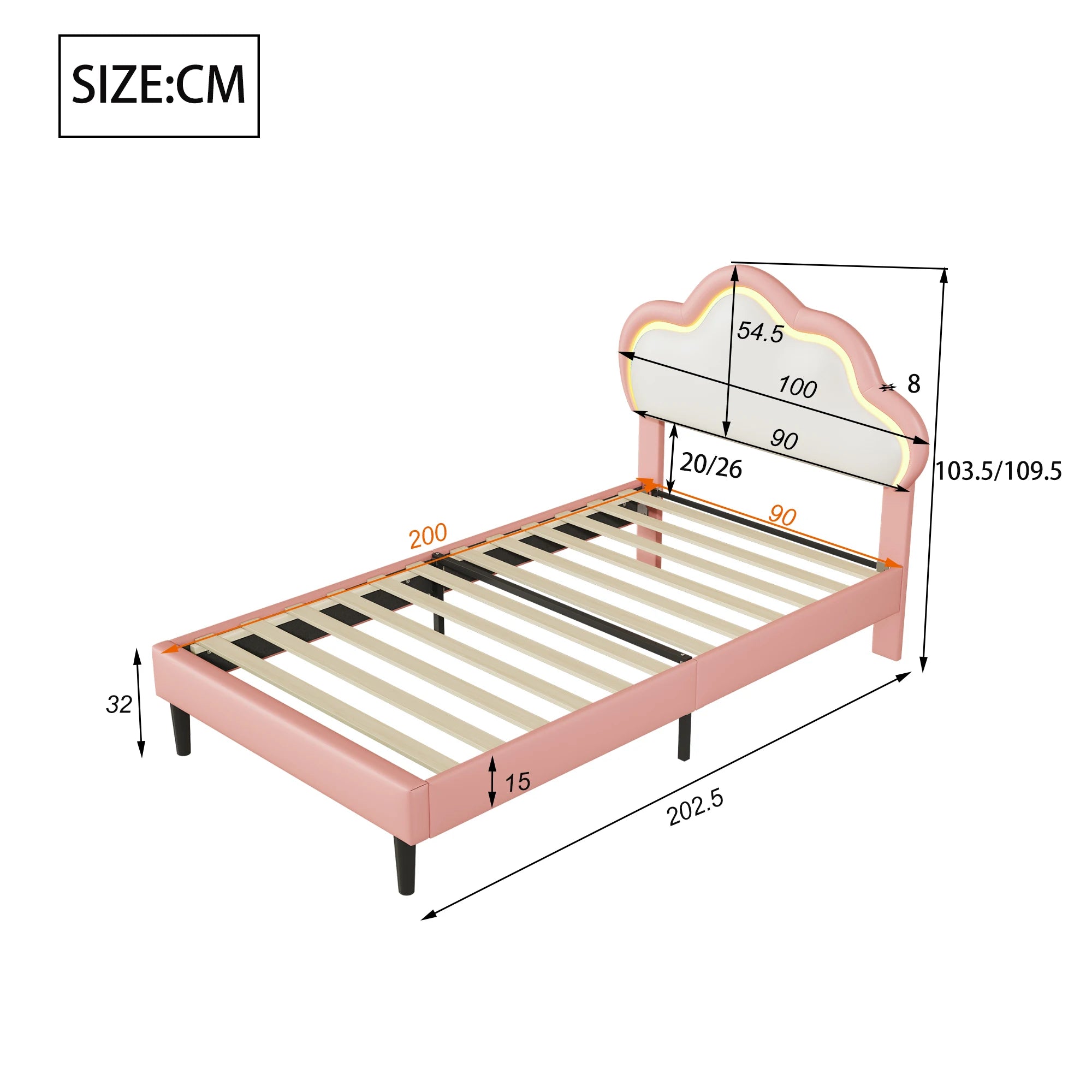 Children's Single Bed 90x200cm Upholstered bed for girls with LED,height-adjustable headboard in clouds shape,slatted Frame,PU