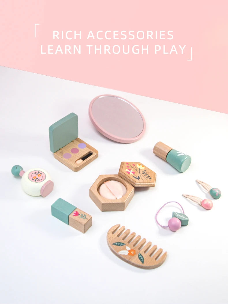 Wooden Beauty Salon Play Set Wooden Makeup Set Girls MakeUp Dressing Table Cosmetics Toys Birthday Gifts For Children