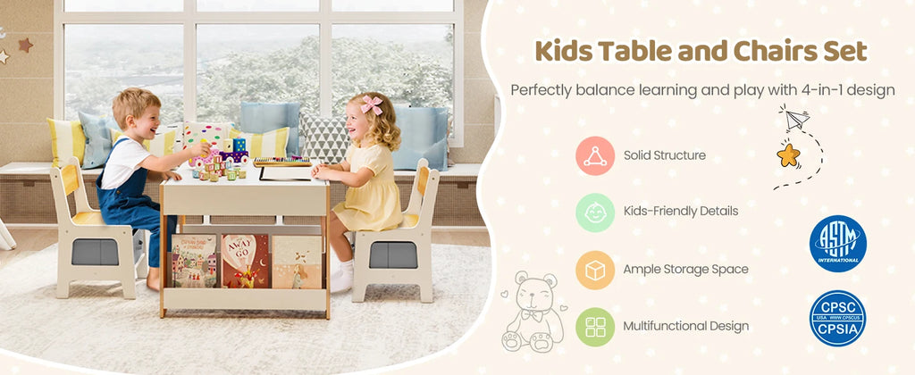 Multifunctional 4-in-1 Kids Table and Chair Set: Activity Desk with 2 Chairs, Removable Tabletop, Storage Drawers & Bookshelf, Ideal for Painting, Crafting, Reading & Playing, Toddler Playroom Furniture, Sturdy Design, 3PCS